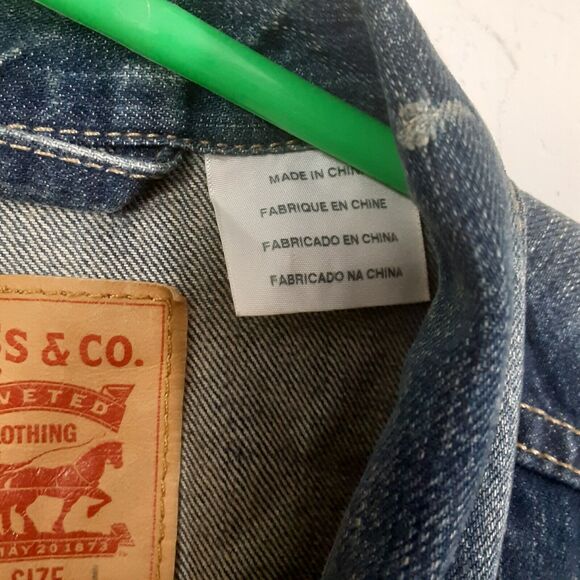 Levis Jean Jacket Adult Mens Large Blue Denim Trucker Work Blank Red Tab - Picture 7 of 10